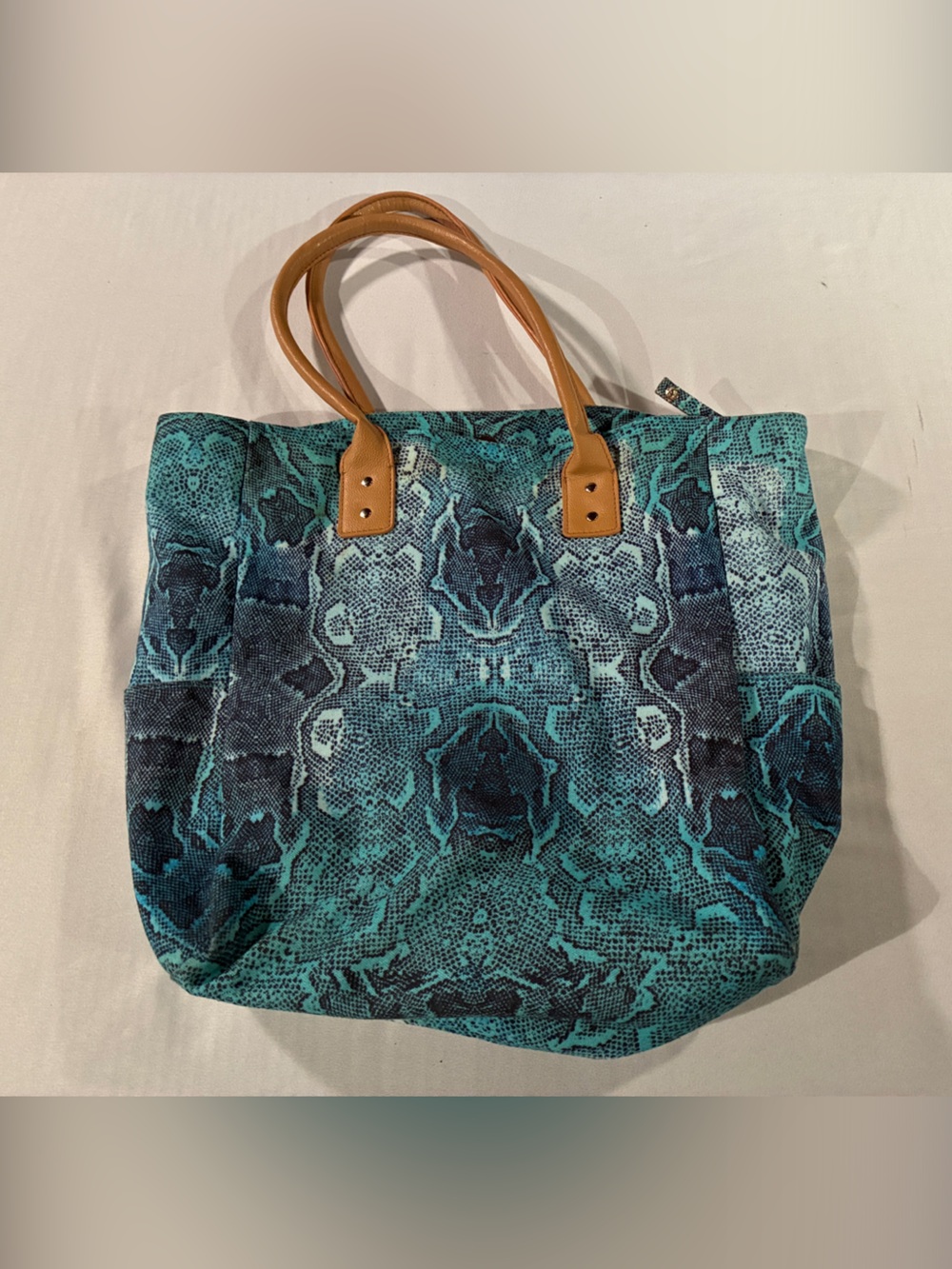 Avon Teal Snake-Print Tote with Tan Handles